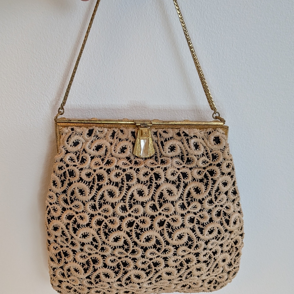 Vintage Art Deco Battenberg Lace Evening Bag Mid-Century Cream Tape Lace Clutch